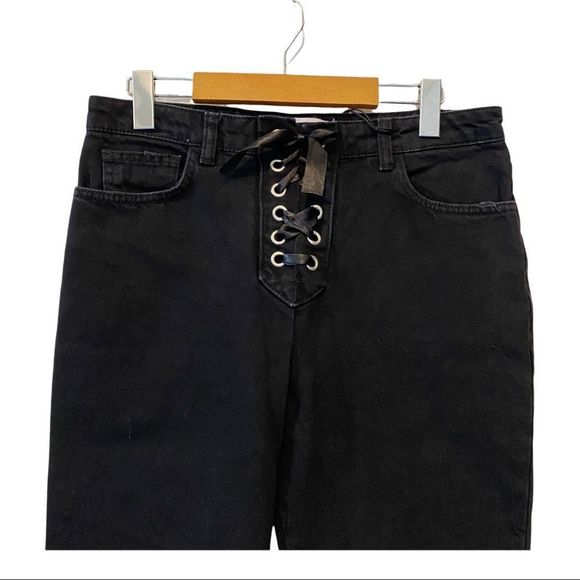NWT Mango Women's Boot-Leg ruffle hem Lace Closure Jeans, Black 100% cotton - Picture 6 of 11